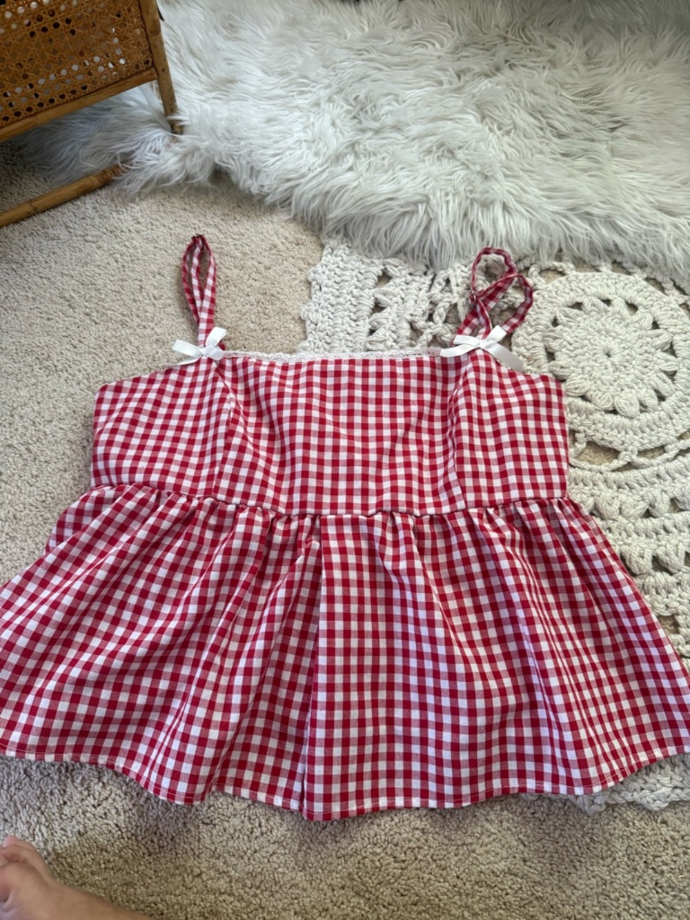 SHEIN Curve Red Gingham Peplum Tank Lace Trim 4XL